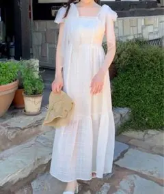 肩リボンシアーチェックティアードワンピース ホワイト JUNOAH