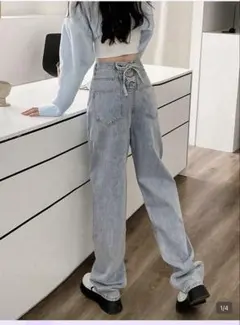 [新品未使用]ライトブルーデニム ワイドレッグ レースアップ