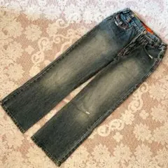 デニムストレートパンツ ウエストゴム付き デニムジーンズ ヴィンテージ風