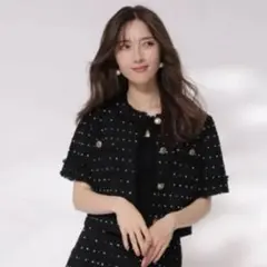 アプワイザーリッシェ⭐︎ドットツイード　半袖ノーカラージャケット 黒　2サイズ