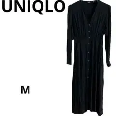 UNIQLO Vネックフレアワンピース（長袖・標準丈）ブラックM