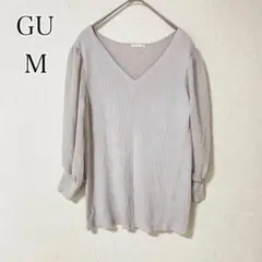【ジーユー】トップス 7分袖 シフォンスリーブニット Vネック 薄いグレー M