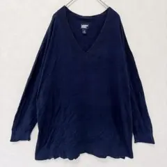 Vネック ニット セーター 長袖 ネイビー 紺 2XL 3XL 綿100% 古着