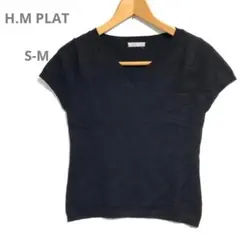 H.M PLAT(S-M)フレンチスリーブカットソー リブニット　ストレッチ黒