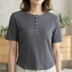 【新品タグ付き】Discoat ヘンリーネック　リブ Tシャツ　チャコール