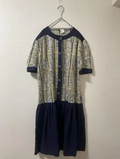 【極美品】大きいサイズL〜LL 幾何学柄 切替ロングワンピース 紺 イエロー