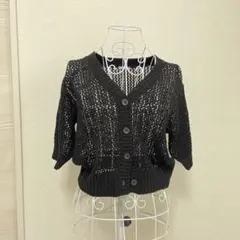 黒 透かし編み 半袖カーディガン
