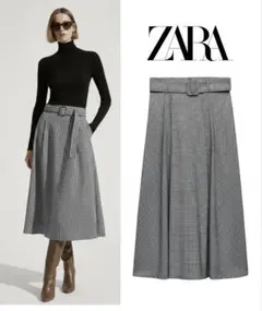 新品 ZARA ベルト付き 千鳥格子柄 ロングスカート M ラスト1点♪