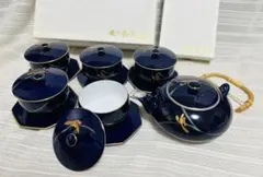 【極美品】香蘭社 瑠璃春蘭 茶器揃 蓋付湯呑5客＆急須セット 金彩 箱付き