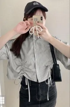 GRL　ストライプ柄ドローストリング半袖シャツ