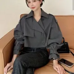 shein ショートトレンチコート ダークグレー M 21254543のサムネイル