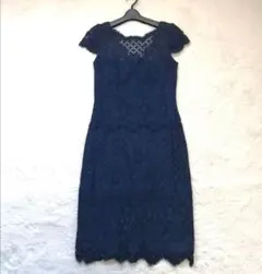 美品♡タダシショージ レース モックネック カクテルドレス 膝丈 紺 4P 美品♡タダシショージ レース モックネック カクテルドレス 膝丈 紺 4P