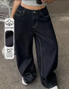 ワイドデニムパンツ インディゴブルー XLサイズのサムネイル