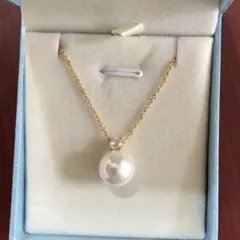 ゴールド　一粒 貝パールネックレス ダイヤ　ペンダント
