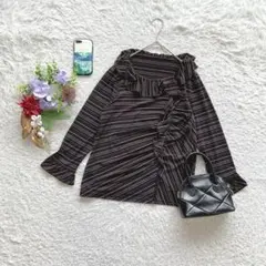 ✨在庫限り✨ ブラウス 長袖 フリル L ストライプ レーヨン混 大人可愛い 黒のサムネイル