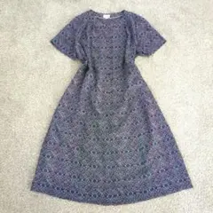 80s Vintage ワンピース L 青 ひざ丈 ペイズリー柄 レトロ古着