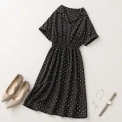 グレイル［M］上品ガーリー◎ウエストマーク◎ドット柄ミモレ丈シャツワンピース