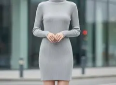 グレー リブ編み ハイネック ニットワンピース