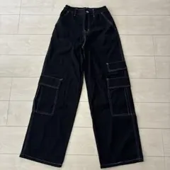 【新品未使用】黒 カーゴパンツ ホワイトステッチ Sサイズ　y2k 韓国