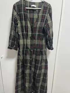 モリカゲシャツ ダークグリーン チェック リネン半袖シャツワンピース