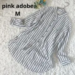 ピンクアドベ　ボタンアップシャツ　ストライプ柄　薄手　ロング　M