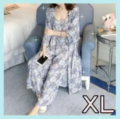 残り３♡大人気♡　パジャマ　ルームウェア　お花　ライトブルー　スリーピース　XL