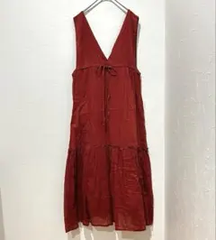 コットンワンピース L 朱色 Vネック ナチュラル レイヤード 重ね着
