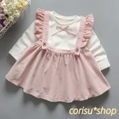 ＊ラスト1＊ 90cm コーデュロイワンピ&リボン付トップス ２点セット ピンク