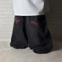 WU-TANG ウータンクラン 極太 光沢 ブラックデニム バギーパンツ B系