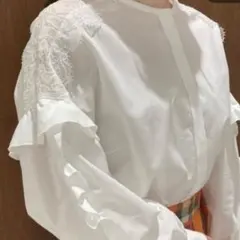 AMERI アメリ シャーリングプリーツブラウス フリル 長袖 ライトブルー