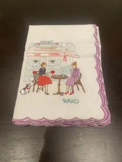 新品未使用！WAKO ハンカチ カフェ柄 刺繍 スカラップのサムネイル