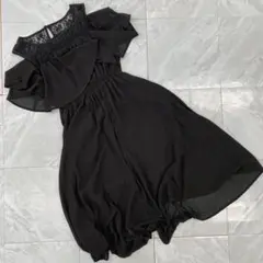 one way ワンピース フリル 肩開き レース切替 ブラック ウエストゴム