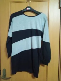 グレー ブラック ストライプ 五分袖 トップス