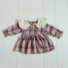 フリル付き襟 ピンク系チェック ワンピース 80