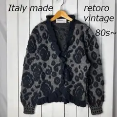 レトロ古着 80s～ イタリア製 総柄 フリルニットカーディガン 44 オールド
