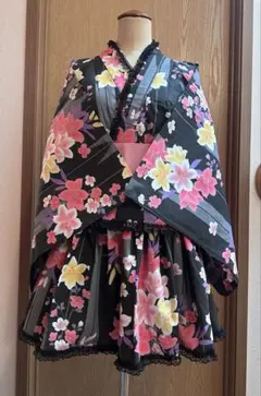 浴衣ドレス　大人用　黒地に百合の花