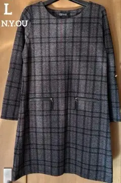 【美品】グレンチェック柄膝丈ワンピース 前ポケット有 両側ポイント金ボタン付き♡