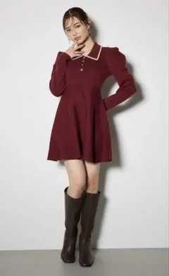 rienda カラーデザインタックミニニットワンピース　レッド