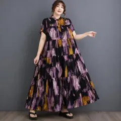 【大きいサイズ】新品 夏物ティアードワンピース 花柄 ゆったり パープル 半袖