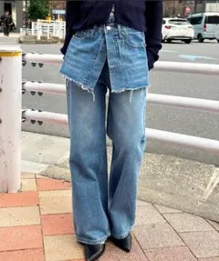 [3サイズ展開][全骨格美脚見え]スカートレイヤード風ワイドデニム