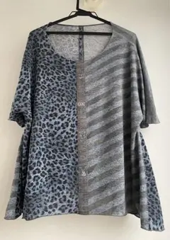 ほぼ新品 イタリヤ伊太利屋　半袖ニットGK グレー　レオパードヒョウ柄カットソー