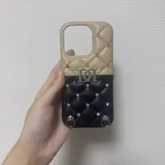 iPhone用ケース キルティング バイカラー ストーン付き