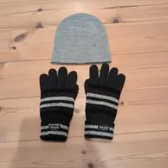 グレー ニット帽とストライプ手袋 セット