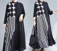 ノーカラー シャツワンピース モノトーン 水玉 ストライプ 白 黒 フリー