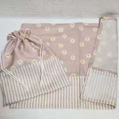 巾着袋・コップ袋・給食袋＆ランチョンマット（ピンクデイジー×ストライプ）