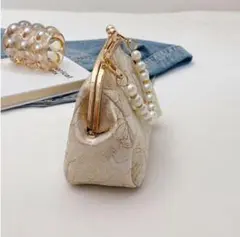 結婚式 パール 刺繍 ポーチ ハンドバッグ がま口 パーティ 和装 ゴールド