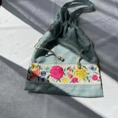 インド刺繍リボン　巾着　ポーチ　バッグ