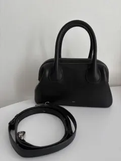 がま口ハンドバッグショルダーバッグ 黒　牛革