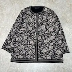 ジャガードカーディガン ブラック×ベージュ 総柄　クルーネック ミセス 婦人服