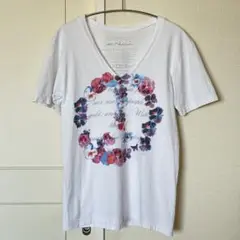 アンレクレ　ヴィンテージ風　花柄プリント Vネック 半袖Tシャツ